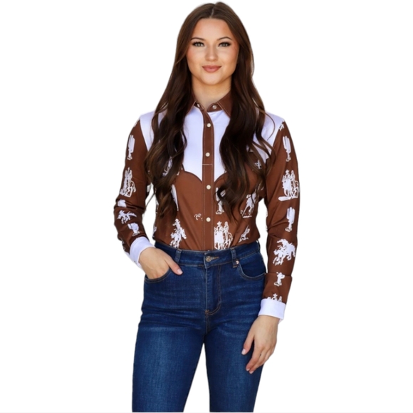 RANCH DRESSN Fallon Taylor Brown Buckaroo Performance Rodeo Cowgirl shirt sz XL - Picture 6 of 13